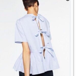 Zara top with tie knot back bow detail striped blue white Sz Small